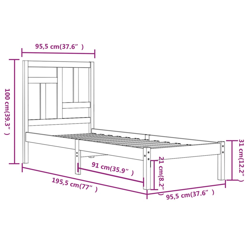 Estrutura de cama solteiro 90x190 cm pinho maciço