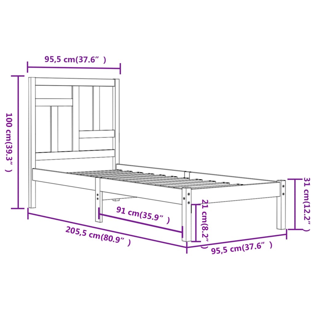 Estrutura de cama 90x200 cm pinho maciço branco