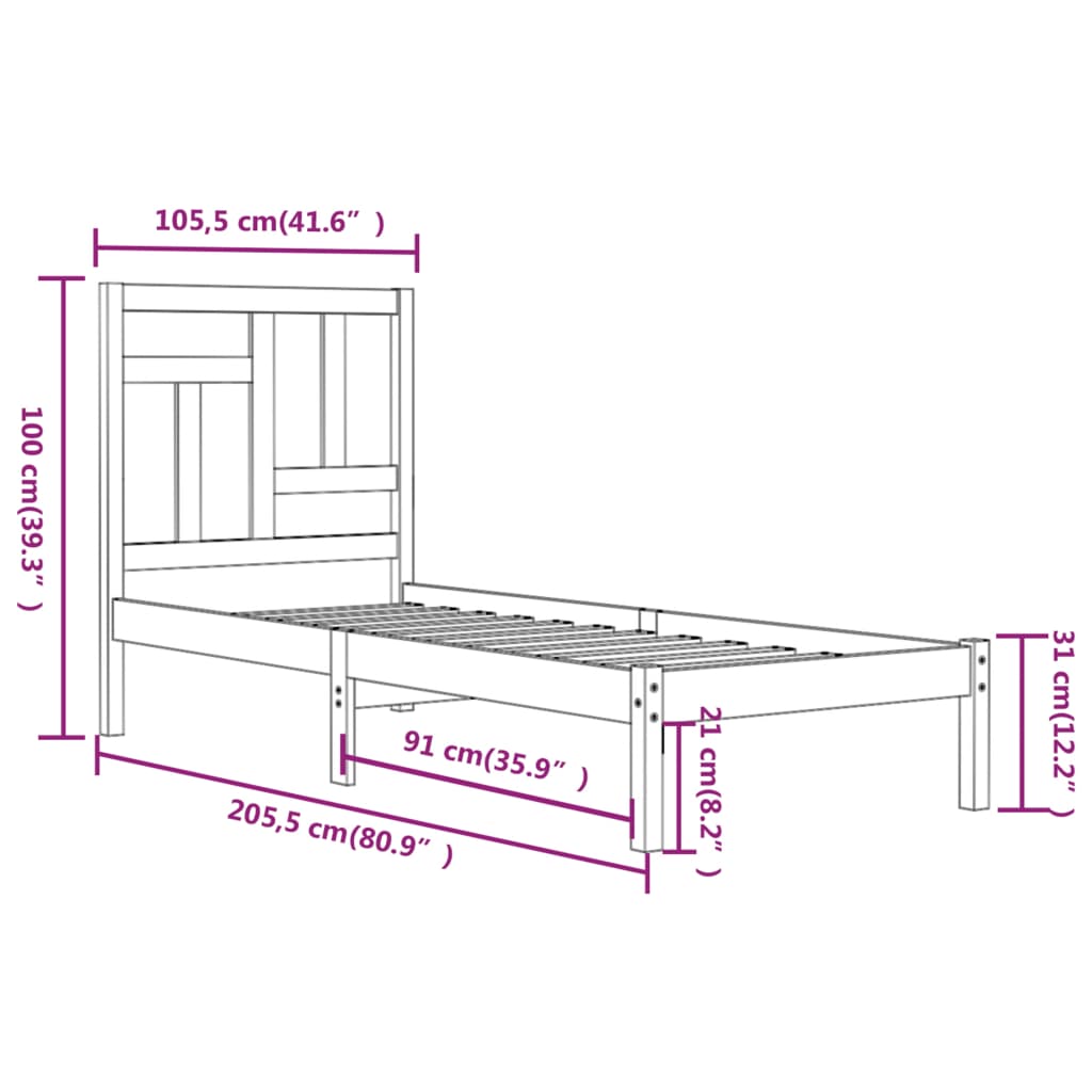 Estrutura de cama 100x200 cm pinho maciço cinzento