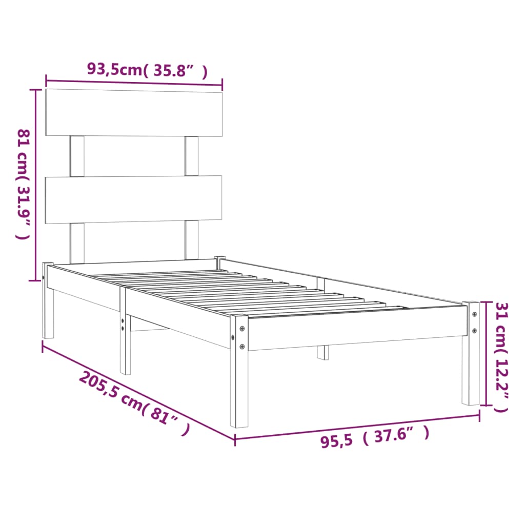 Estrutura cama solteiro 90x200 cm madeira maciça cinzento