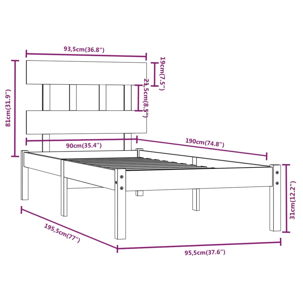 Estrutura de cama solteiro 90x190 cm madeira maciça