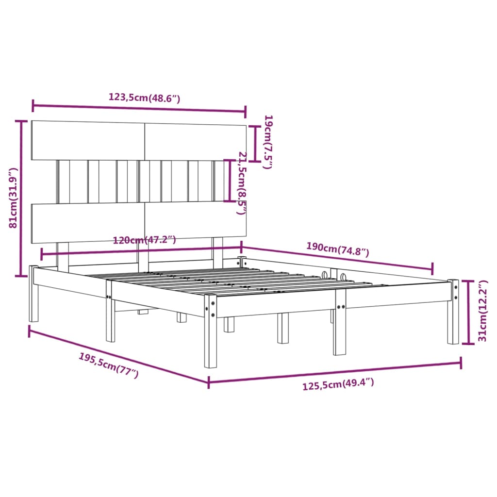 Estrutura de cama dupla pequena 4FT 120x190 cm madeira maciça