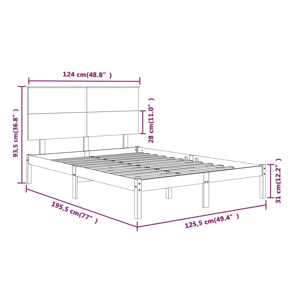 Estrutura de cama dupla pequena 4FT 120x190 cm madeira maciça