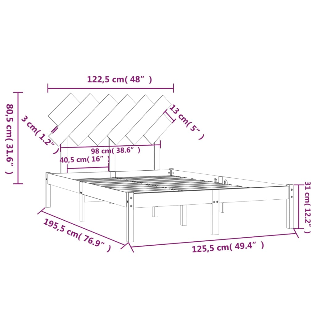 Estrutura de cama dupla pequena 4FT 120x190 cm madeira maciça