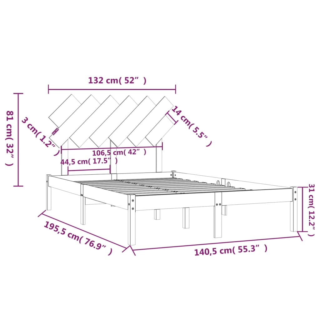 Estrutura de cama dupla 135x190 cm madeira maciça branco