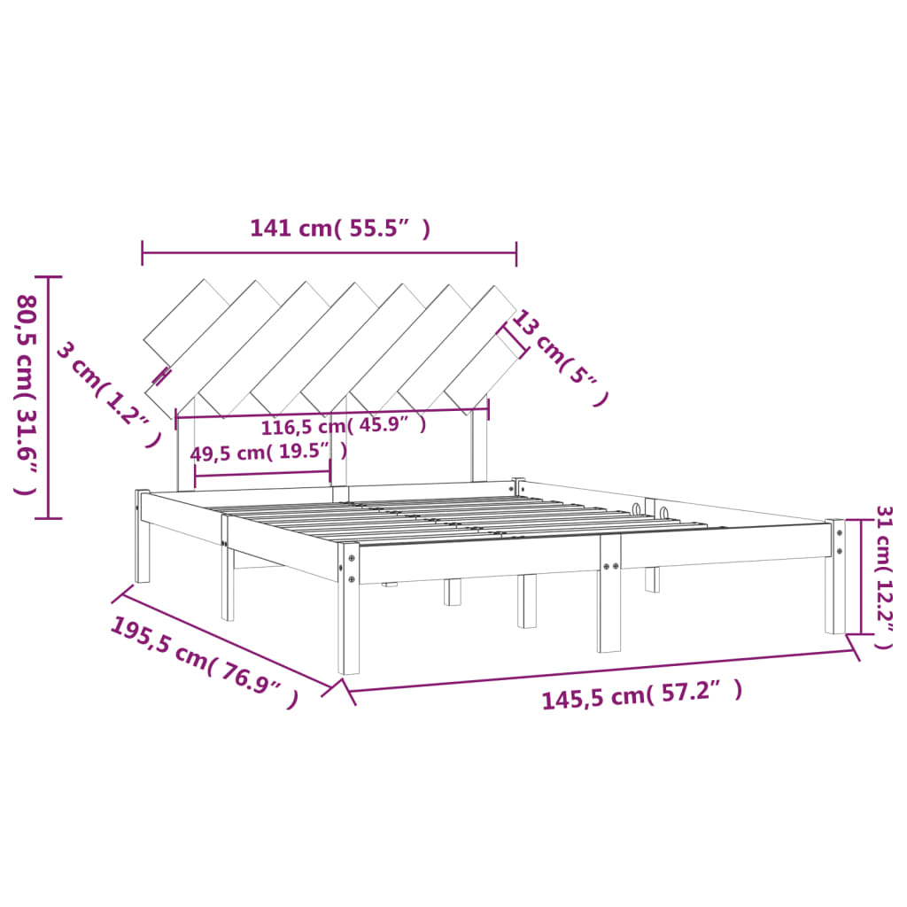 Estrutura de cama 140x190 cm madeira maciça cinzento