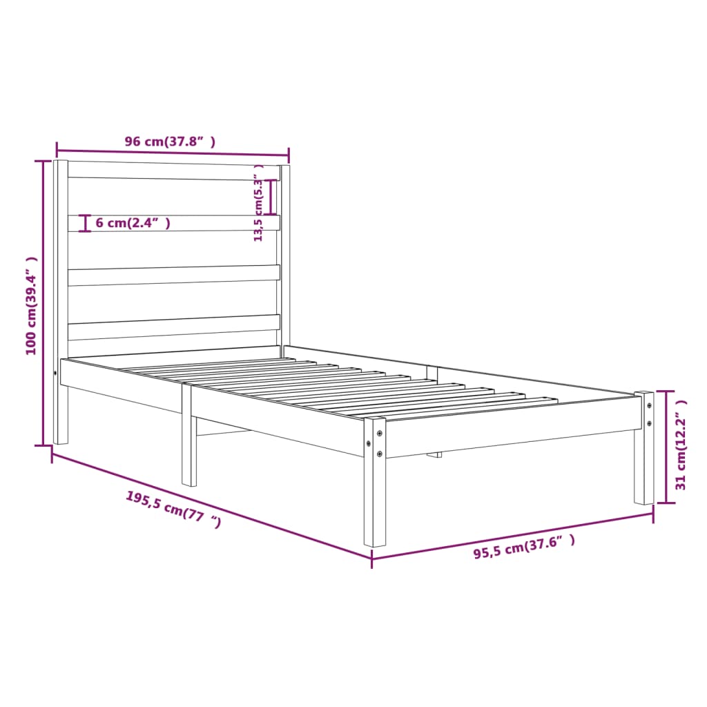 Estrutura cama de solteiro 90x190 cm madeira maciça branco