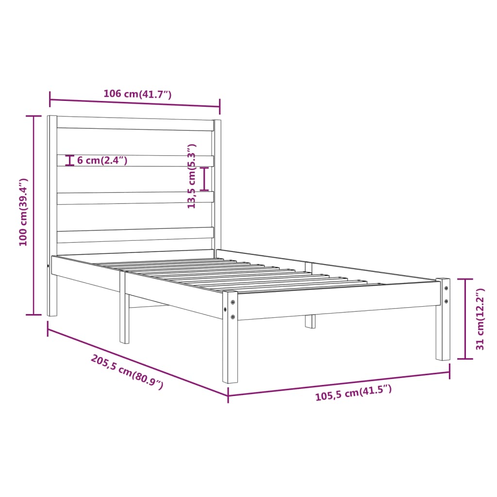 Estrutura de cama 100x200 cm pinho maciço cinzento