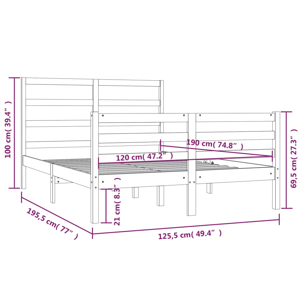 Estrutura de cama dupla pequena 4FT 120x190 cm pinho maciço