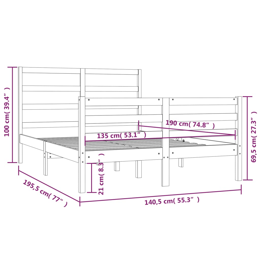 Estrutura de cama dupla 4FT6 135x190 cm pinho maciço cinzento