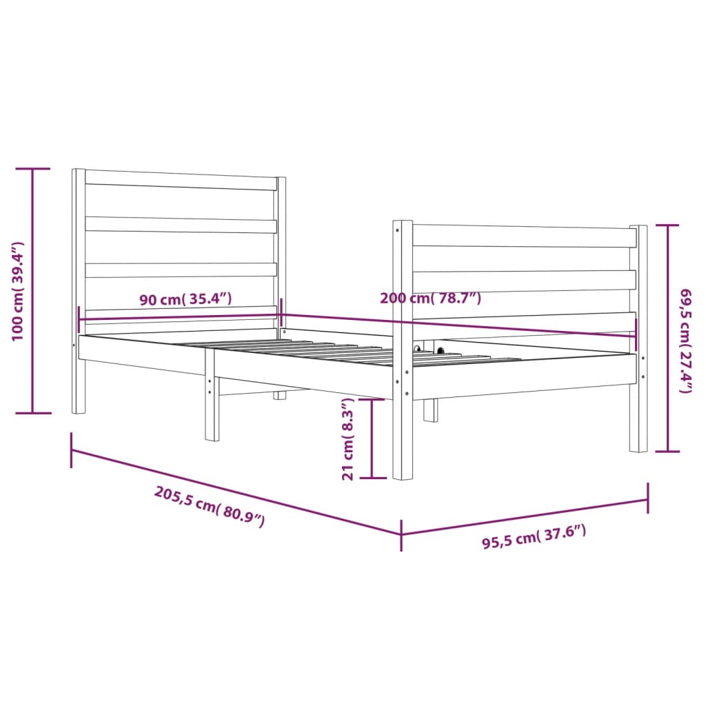 Estrutura de cama 90x200 cm pinho maciço branco