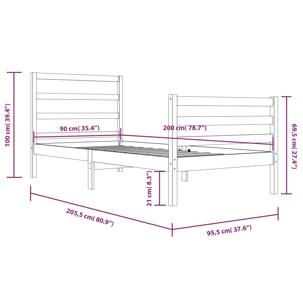 Estrutura de cama 90x200 cm pinho maciço castanho mel