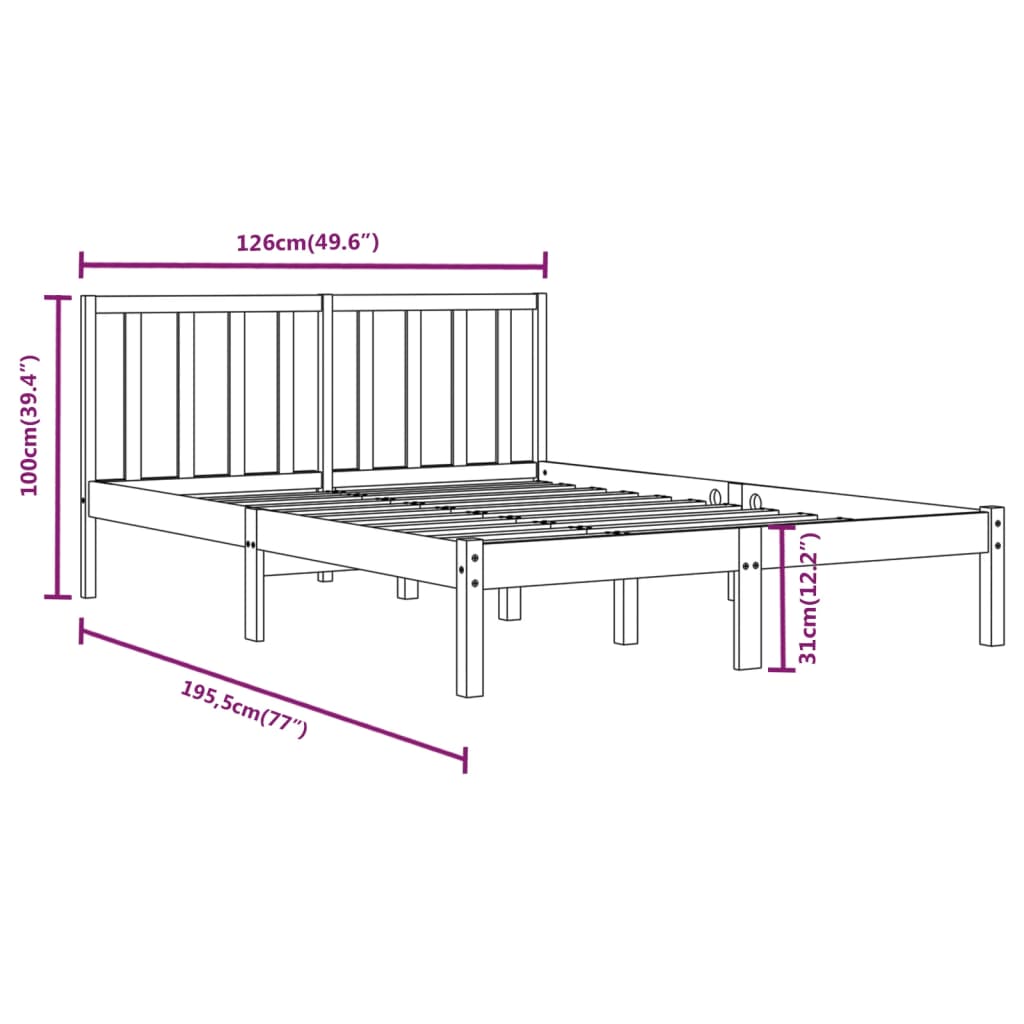 Estrutura de cama dupla pequena 4FT 120x190 cm pinho maciço