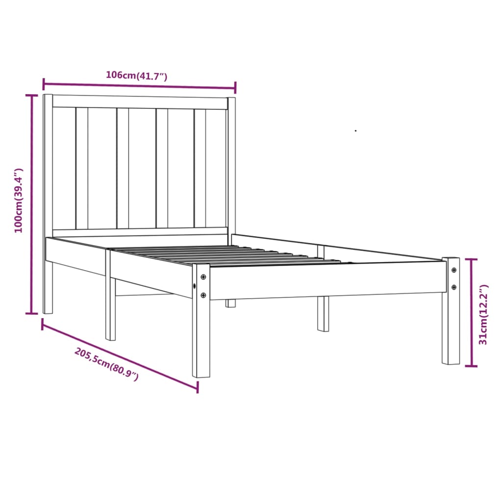 Estrutura de cama 100x200 cm pinho maciço preto