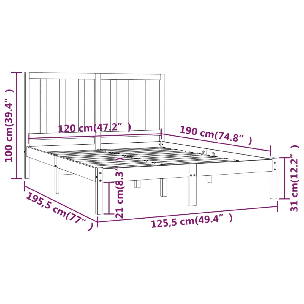 Estrutura cama casal pequena 4FT 120x190 cm pinho maciço preto