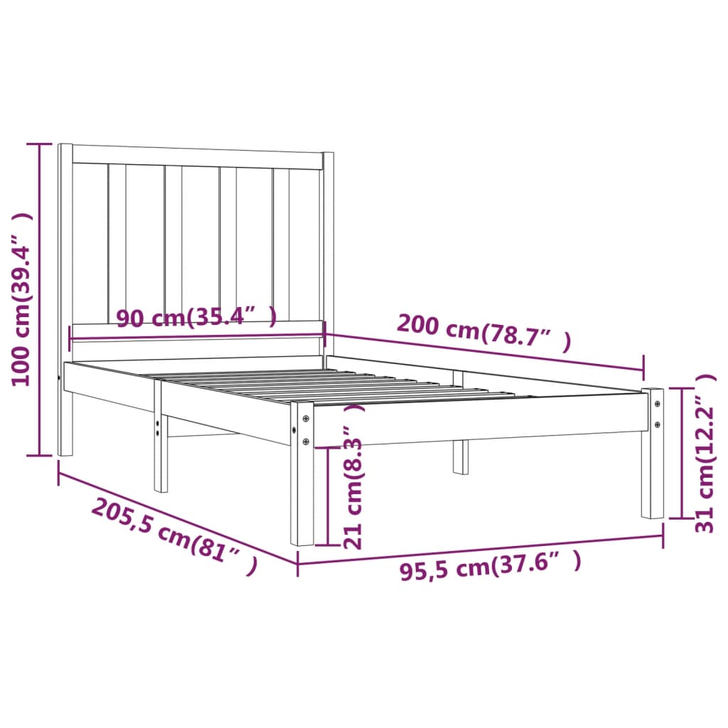 Estrutura de cama 90 x 200 cm pinho maciço