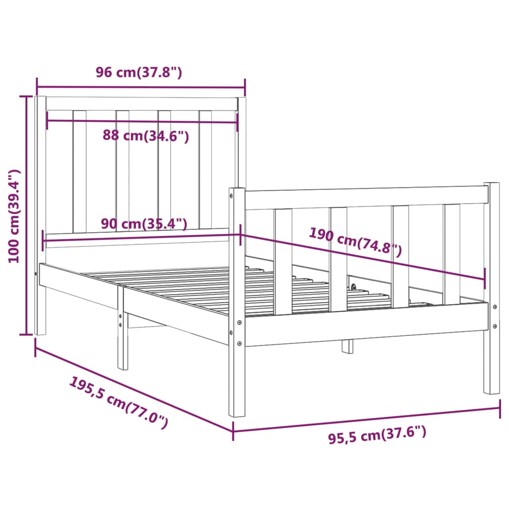 Estrutura cama de solteiro 90x190 cm madeira maciça branco