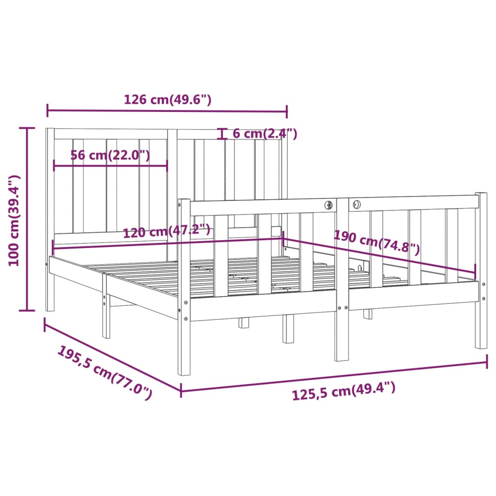 Estrutura de cama dupla pequena 4FT 120x190 cm madeira maciça