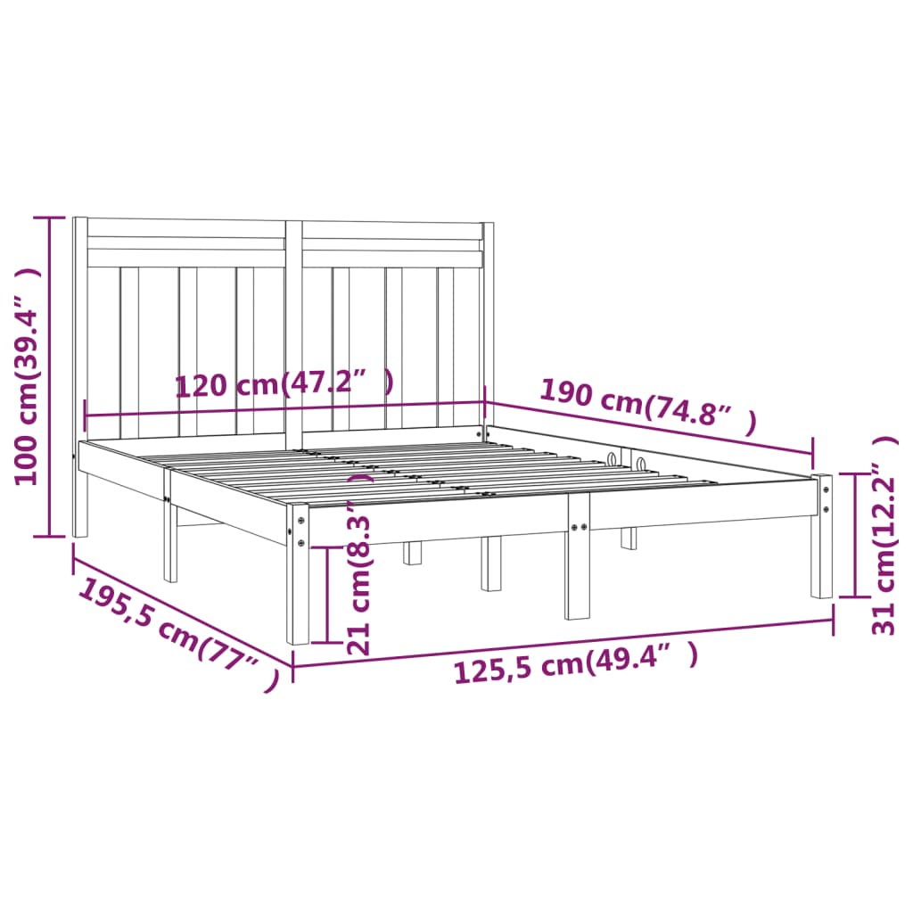 Estrutura de cama dupla pequena 4FT 120x190 cm madeira maciça