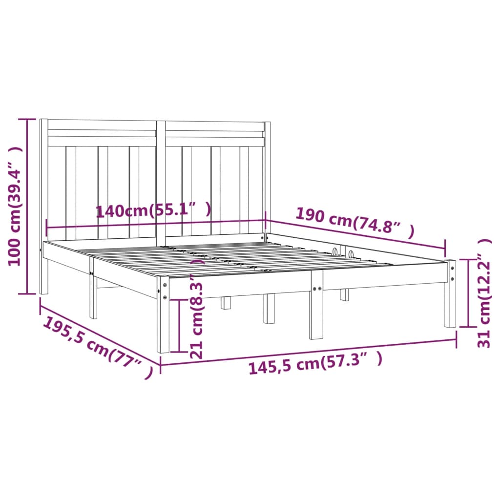 Estrutura de cama 140x190 cm madeira maciça preto