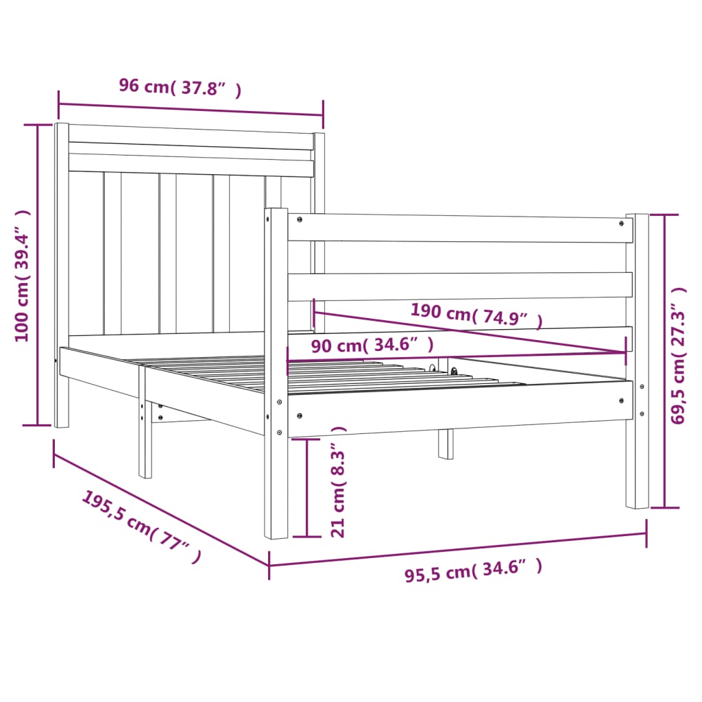 Estrutura de cama solteiro 90x190 cm madeira maciça