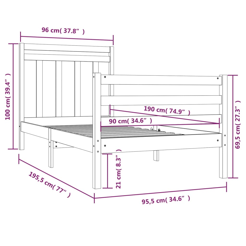 Estrutura cama de solteiro 90x190 cm madeira maciça branco