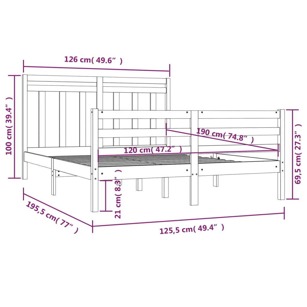 Estrutura de cama dupla pequena 120x190 cm madeira maciça