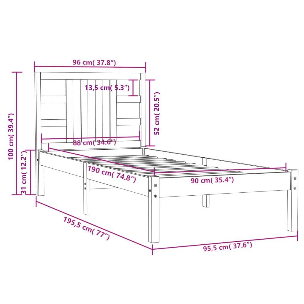 Estrutura cama de solteiro 90x190 cm madeira maciça branco