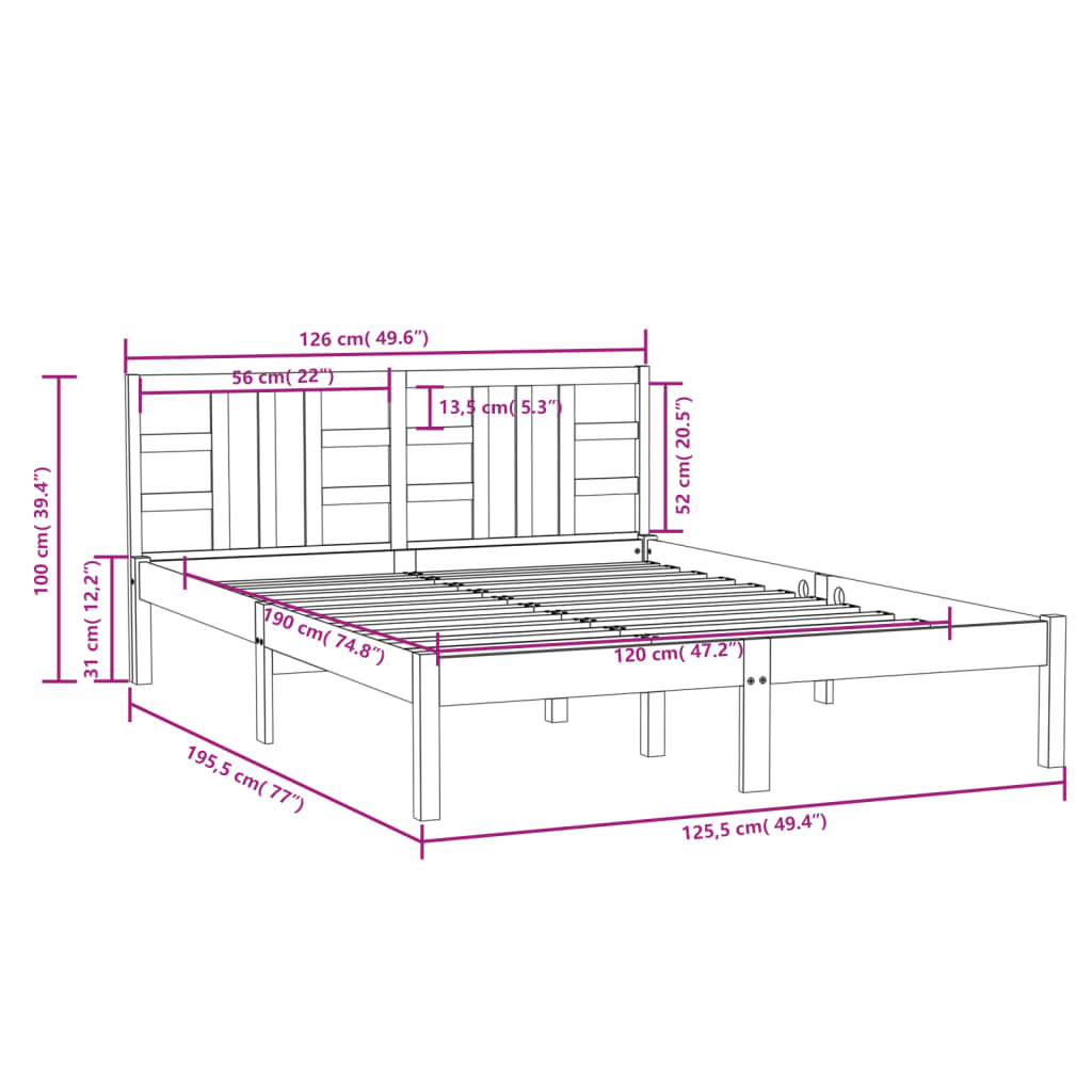 Estrutura cama dupla pequena 120x190 cm madeira maciça preto