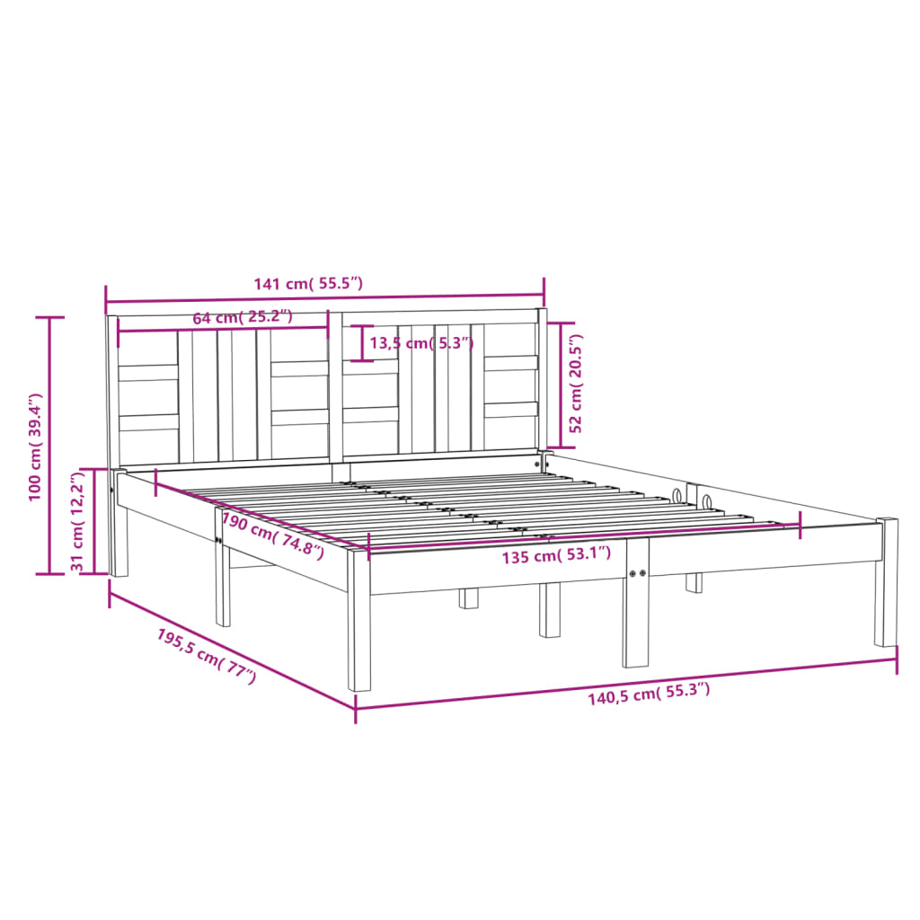 Estrutura de cama dupla 135x190 cm madeira maciça