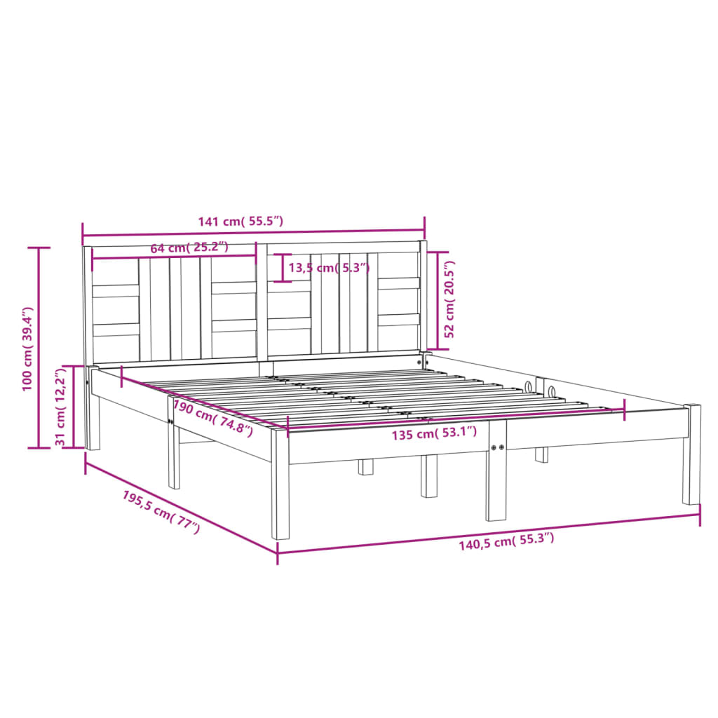 Estrutura de cama dupla 135x190 cm madeira maciça branco