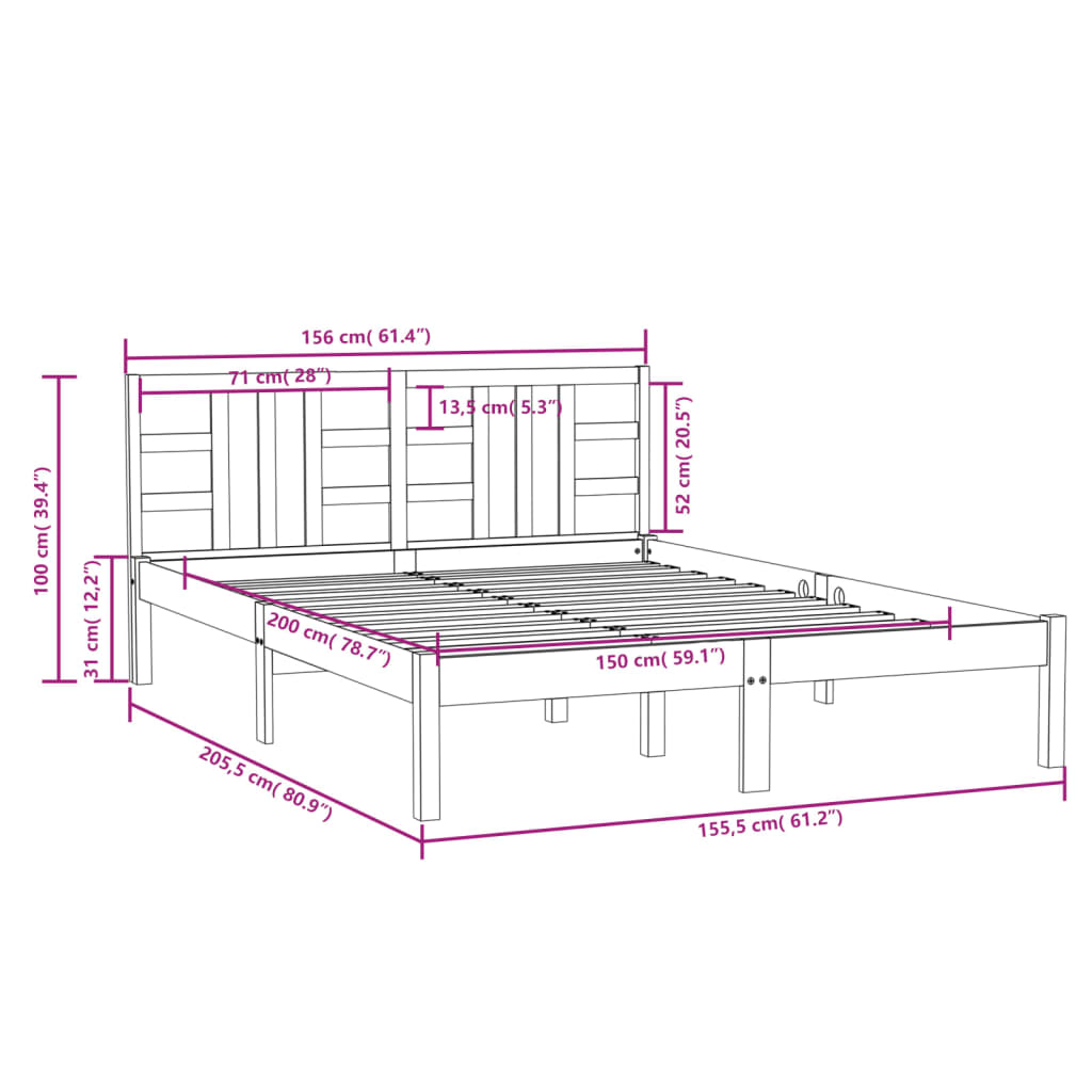 Estrutura cama king 150x200 cm madeira maciça castanho-mel