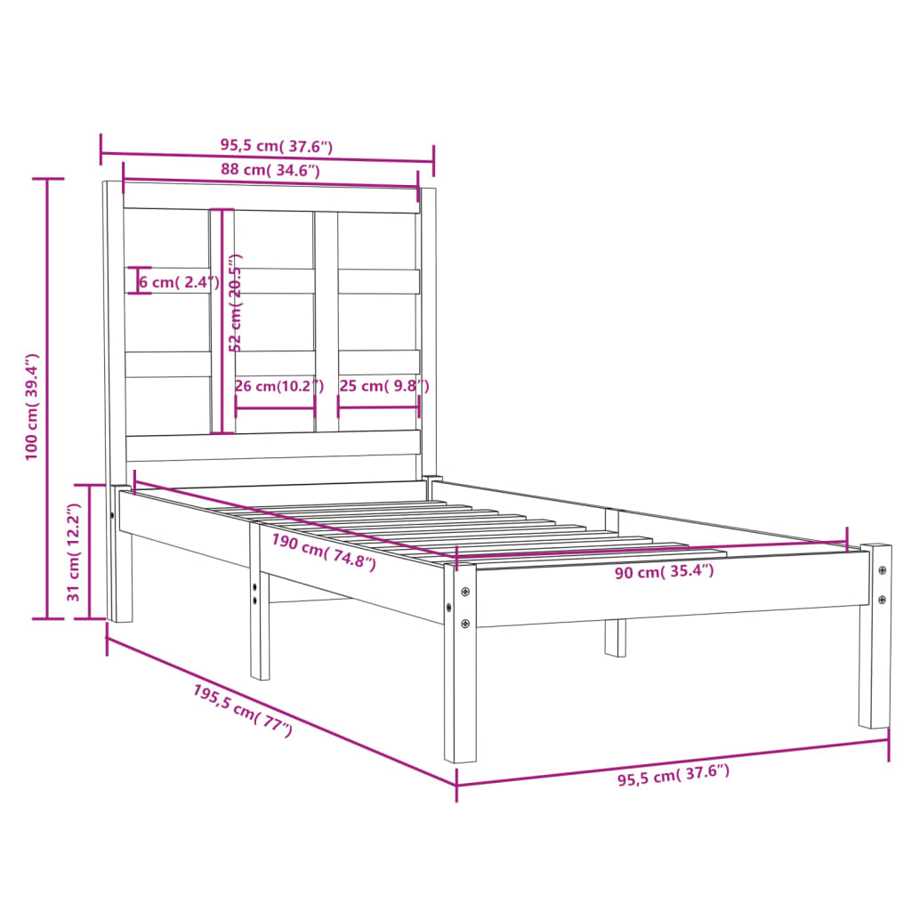 Estrutura cama de solteiro 90x190 cm madeira maciça branco