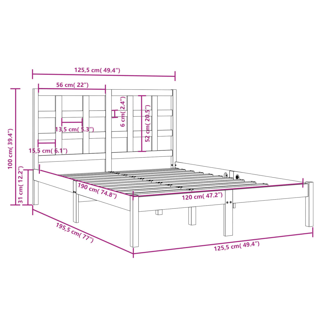 Estrutura de cama dupla pequena 4FT 120x190 cm madeira maciça