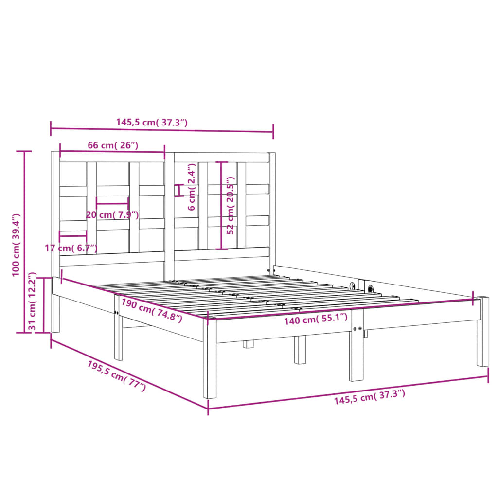 Estrutura de cama 140x190 cm madeira maciça cinzento