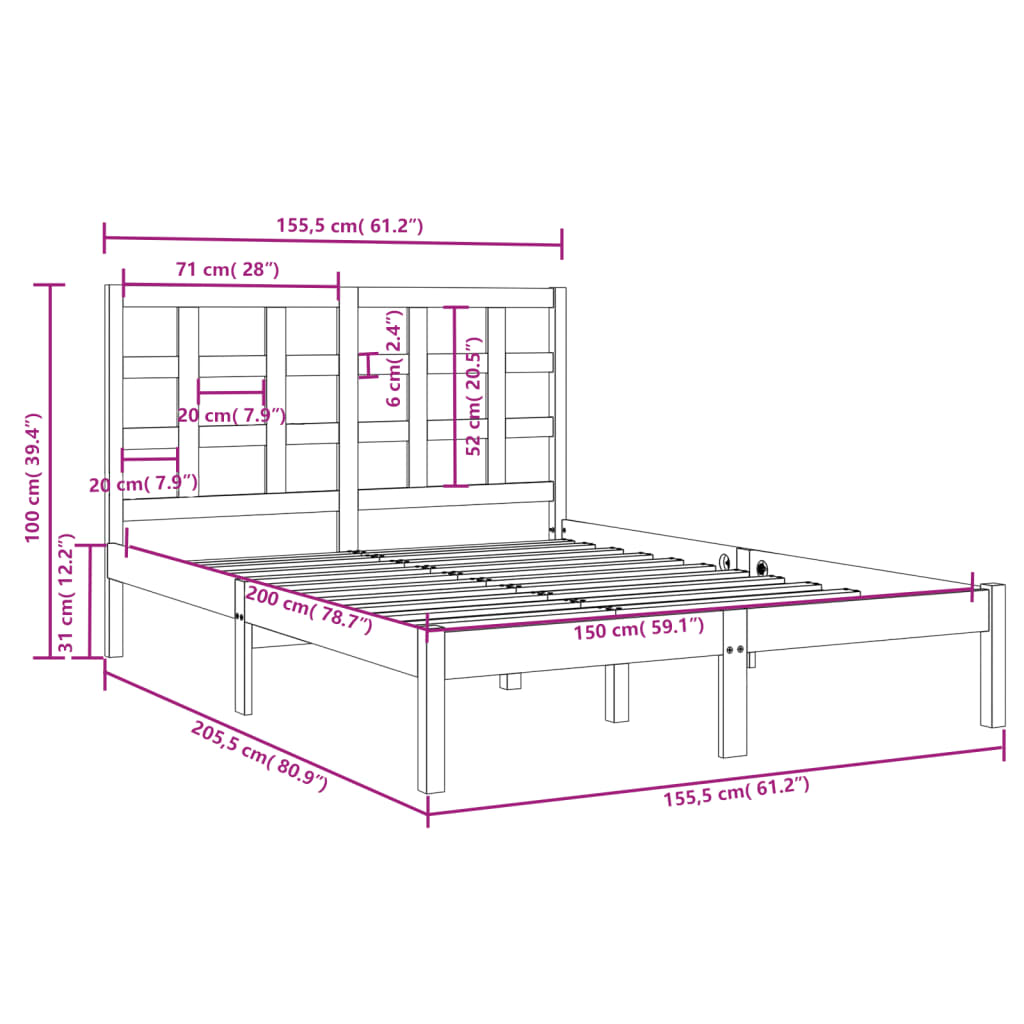 Estrutura de cama king 150x200 cm madeira maciça