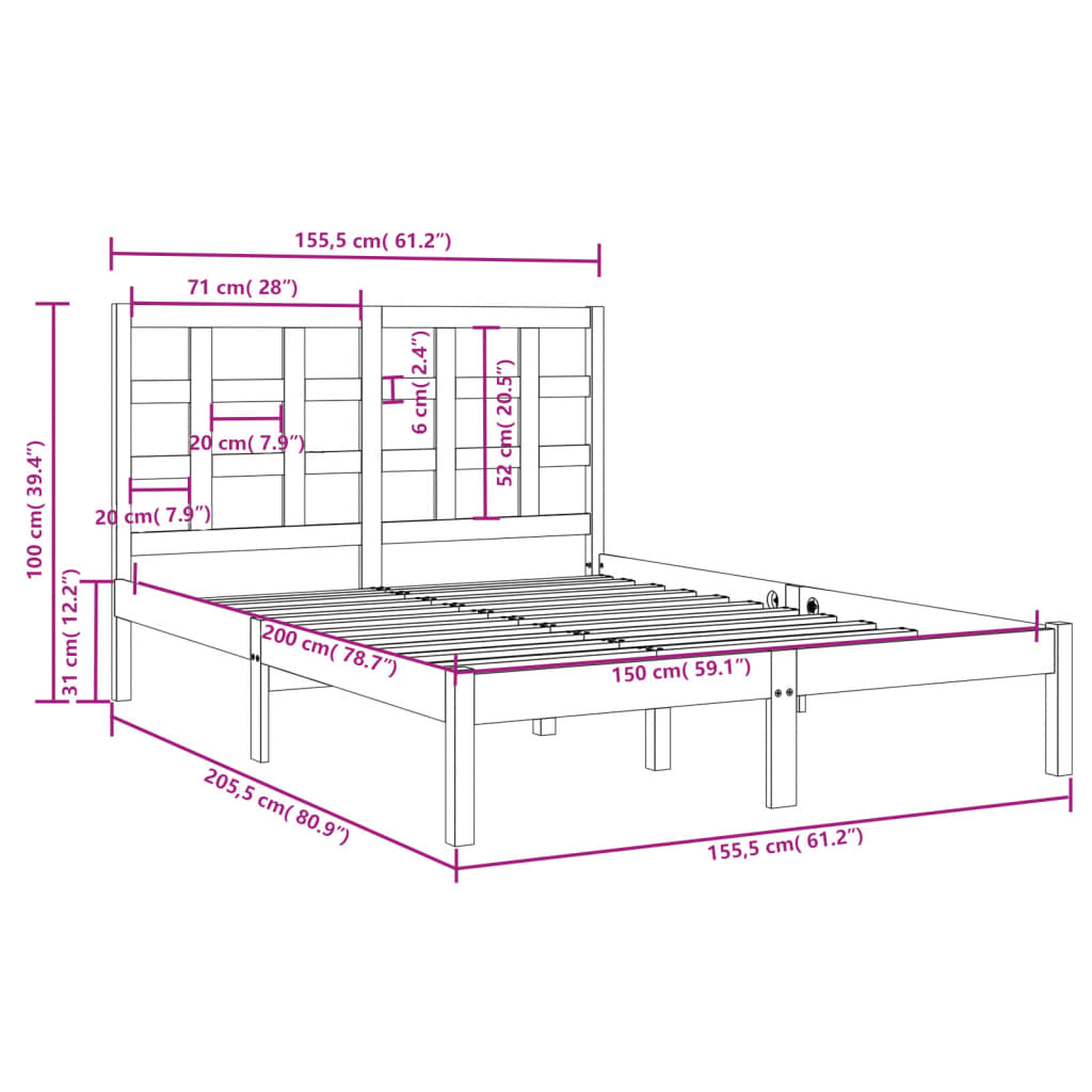 Estrutura de cama king 150x200 cm madeira maciça preto