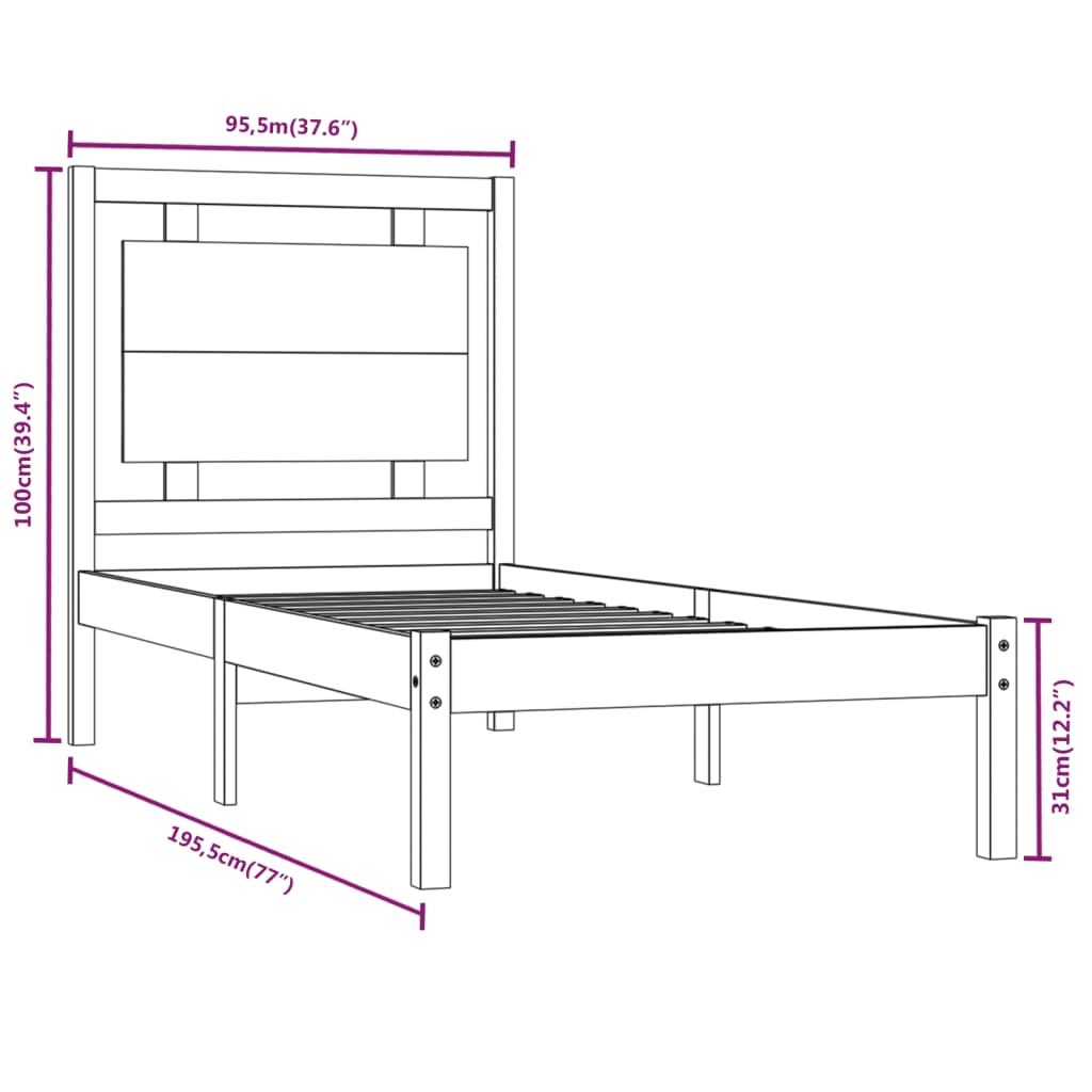 Estrutura cama de solteiro 90x190 cm madeira maciça preto