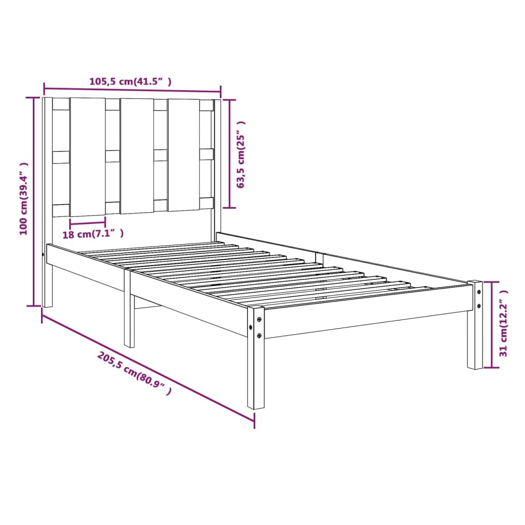 Estrutura de cama 100x200 cm pinho maciço preto