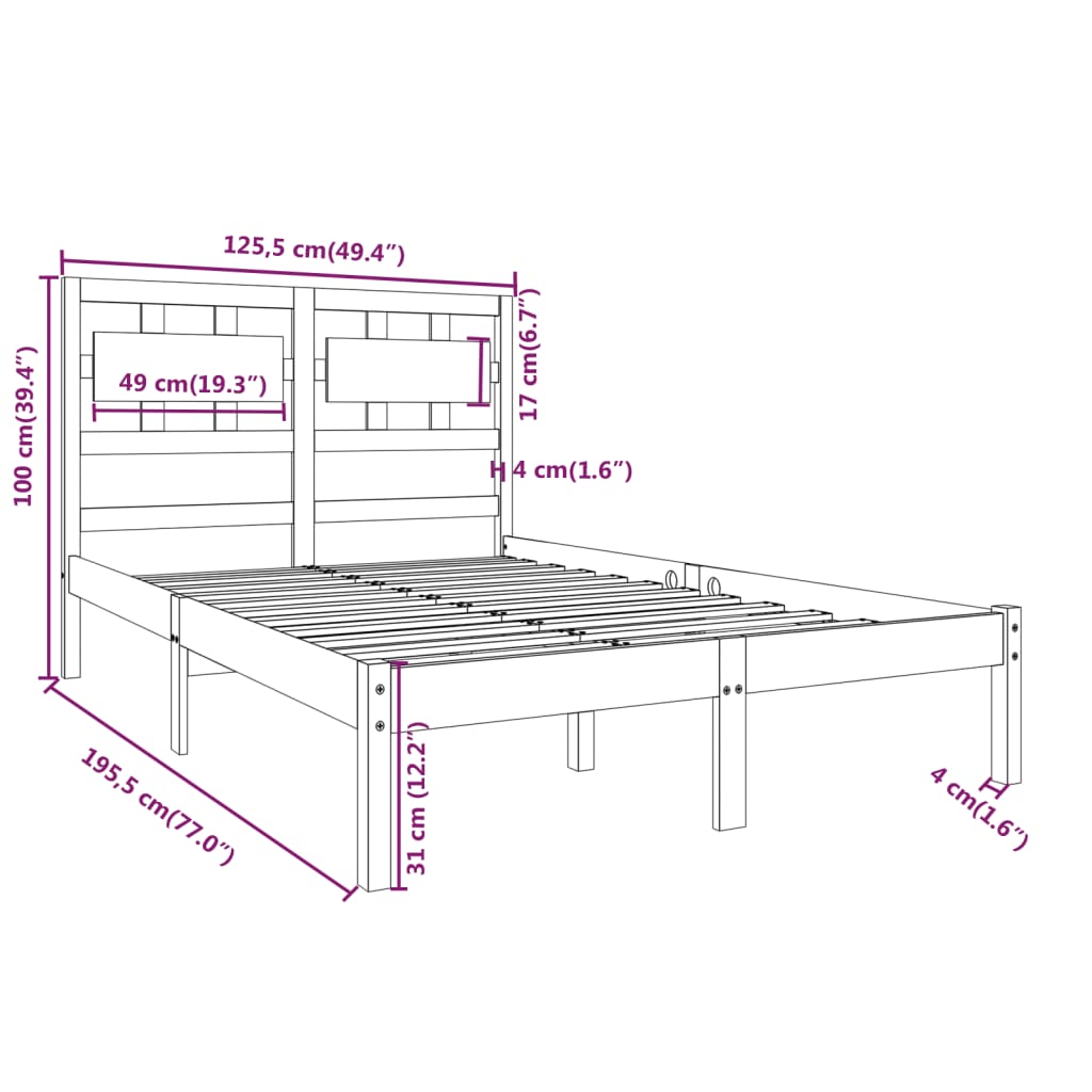 Estrutura de cama dupla pequena 4FT 120x190 cm madeira maciça