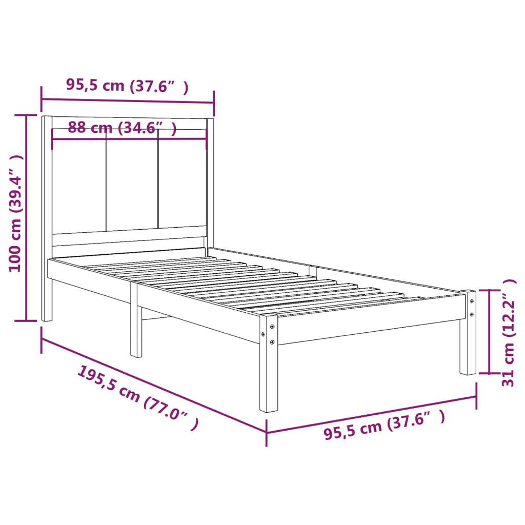 Estrutura cama de solteiro 90x190 cm pinho maciço preto