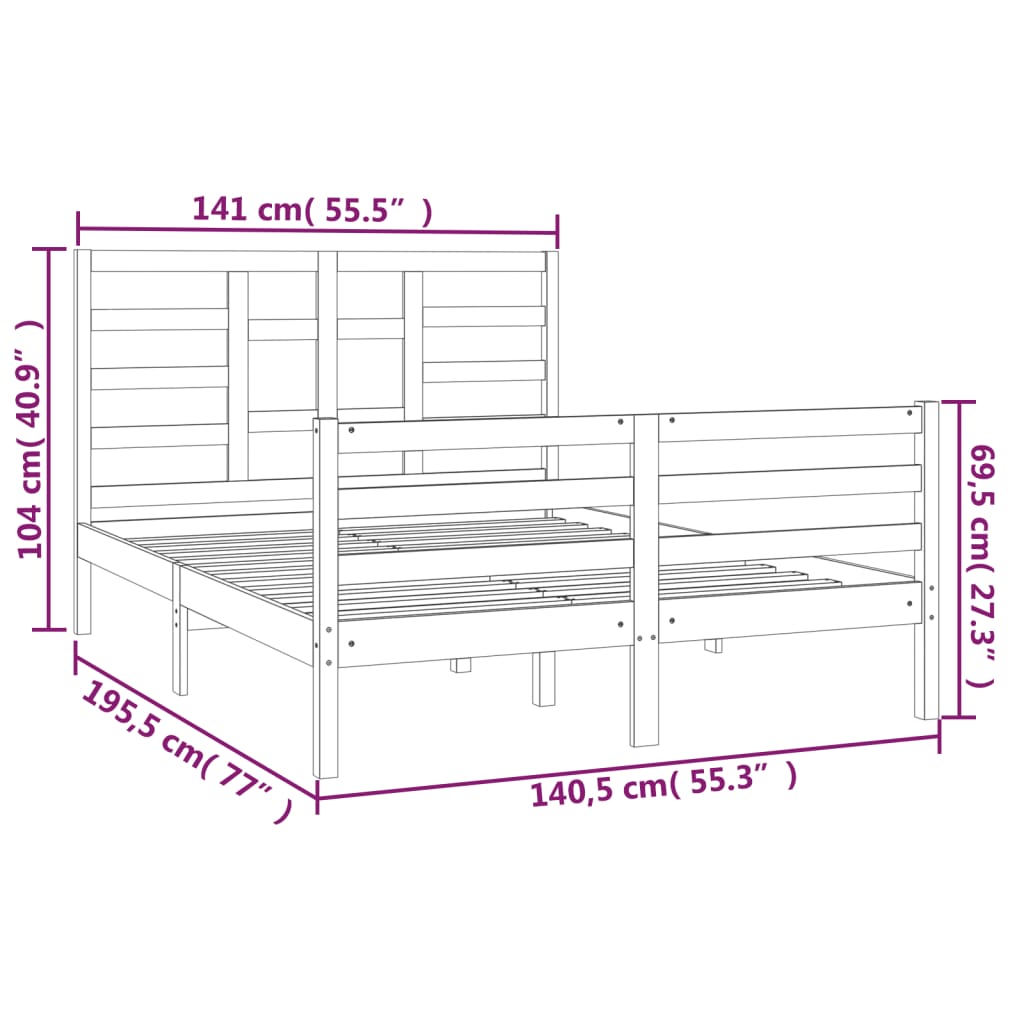 Estrutura de cama casal 135x190 cm madeira maciça cinzento