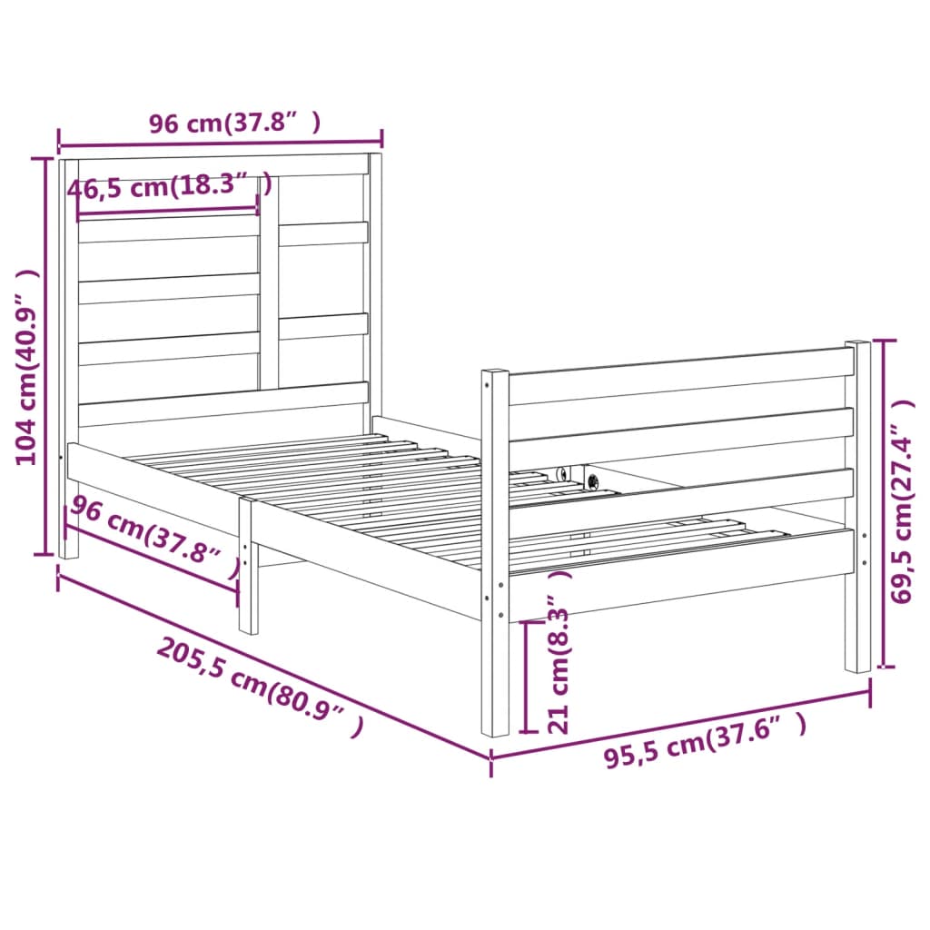 Estrutura de cama 90x200 cm madeira maciça