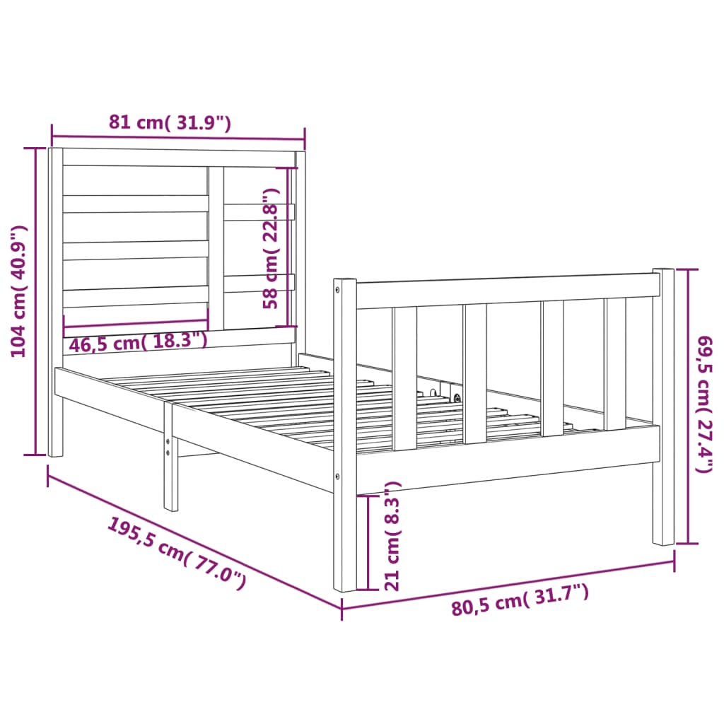 Estrutura cama pequena solteiro 75x190 cm madeira maciça preto