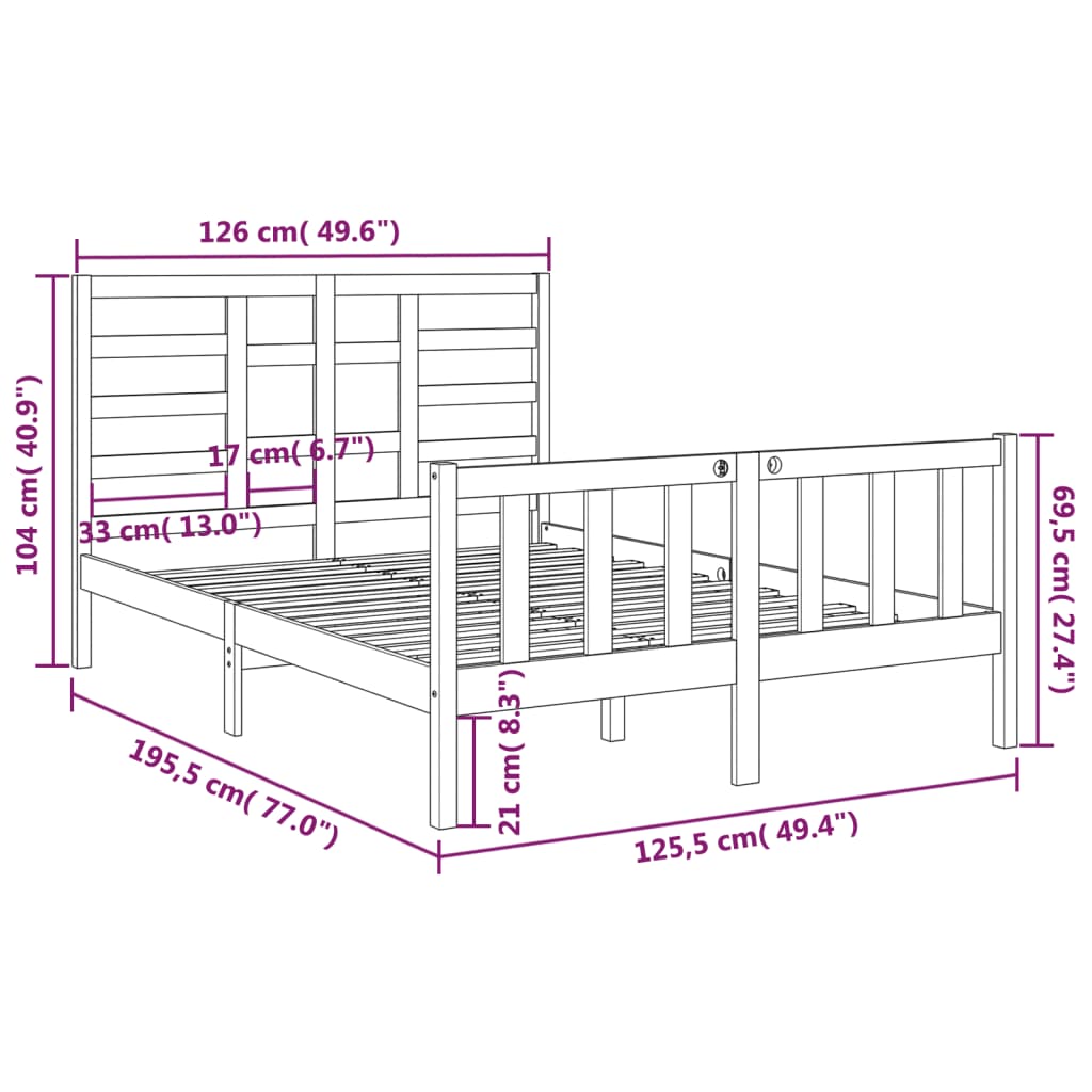 Estrutura de cama dupla pequena 4FT 120x190 cm madeira maciça