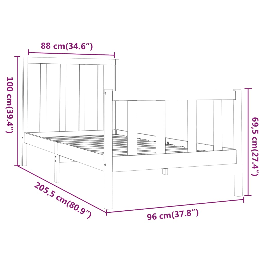 Estrutura de cama 90 x 200 cm pinho maciço