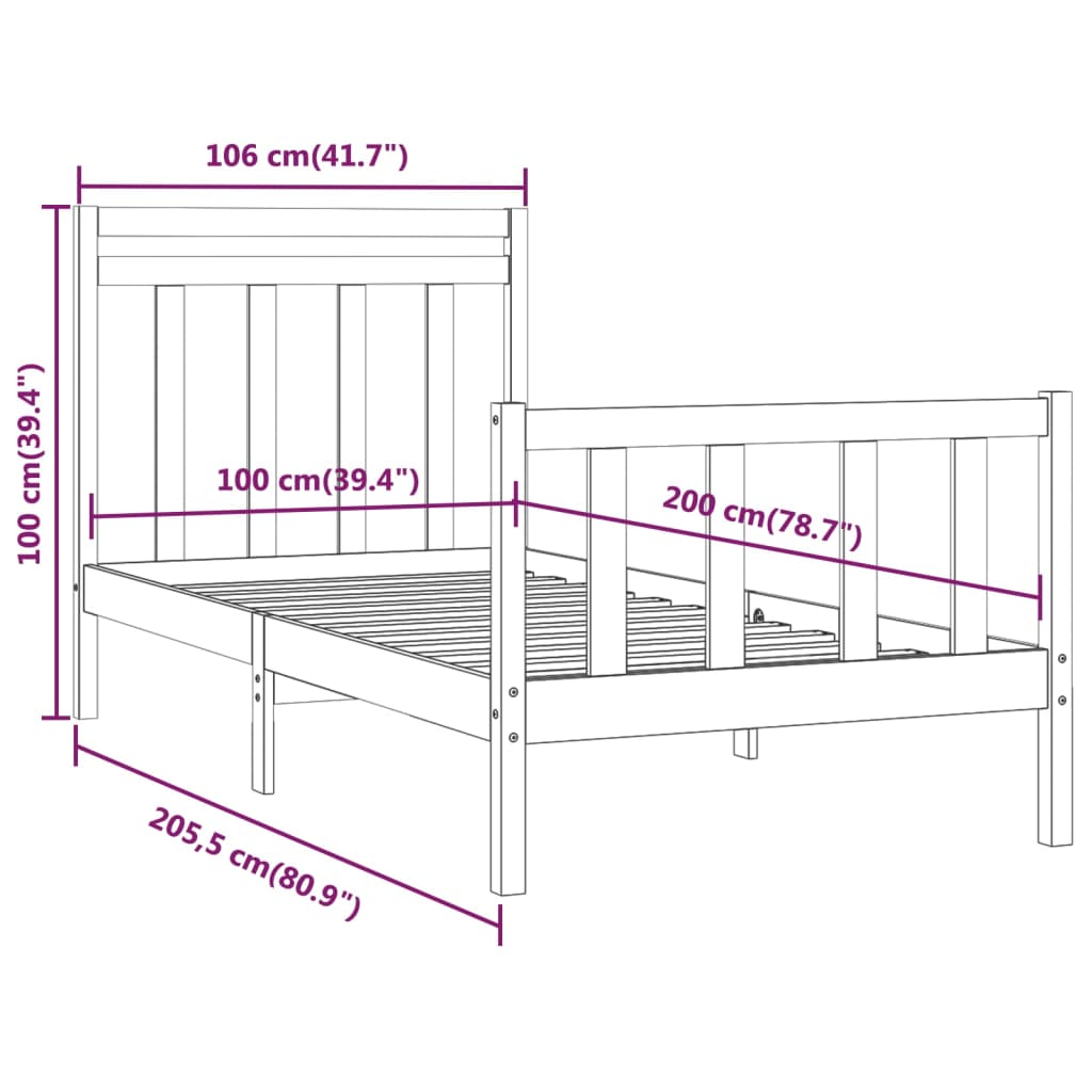 Estrutura de cama 100x200 cm pinho maciço