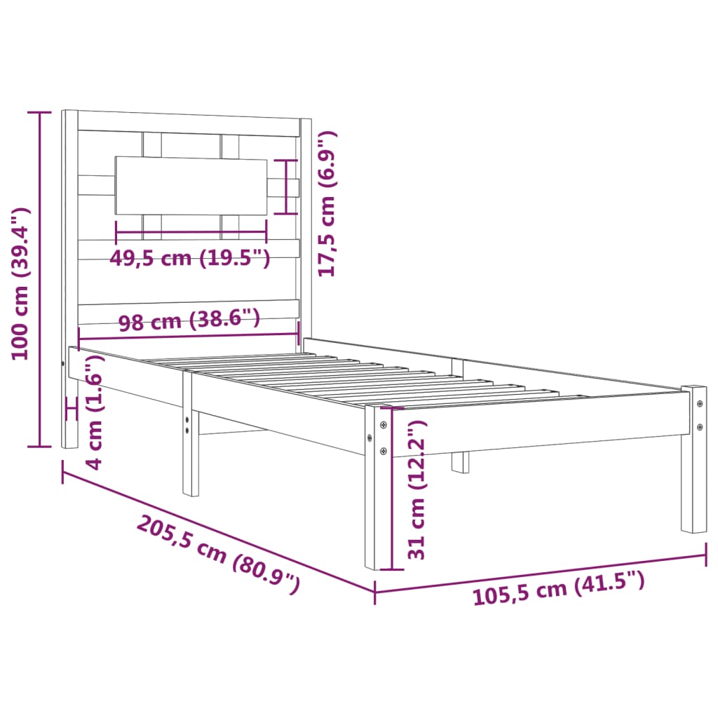 Estrutura de cama 100x200 cm pinho maciço