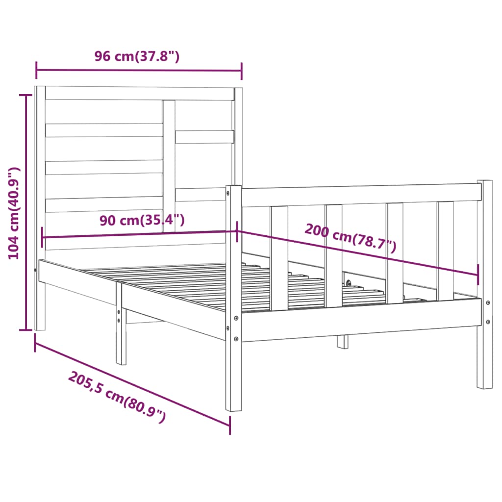 Estrutura de cama 90 x 200 cm pinho maciço