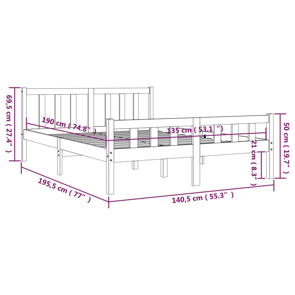 Estrutura de cama casal 135x190 cm madeira maciça cinzento